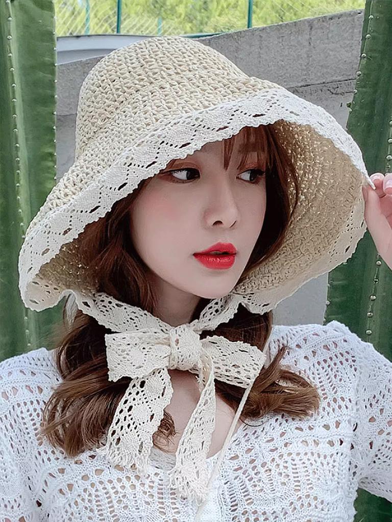 Summer Handmade Lace Fashion Bowler Hat Women's Summer Big Brim Sunscreen Beach Hat Straw Hat Women's Summer