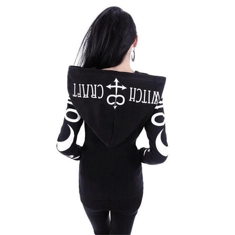 Dámská gotická mikina s kapucí na zip Dlouhý rukáv Potisk měsíce a písmen Oversized Velká kapuce Ležérní Tmavý styl Streetwear Mikina