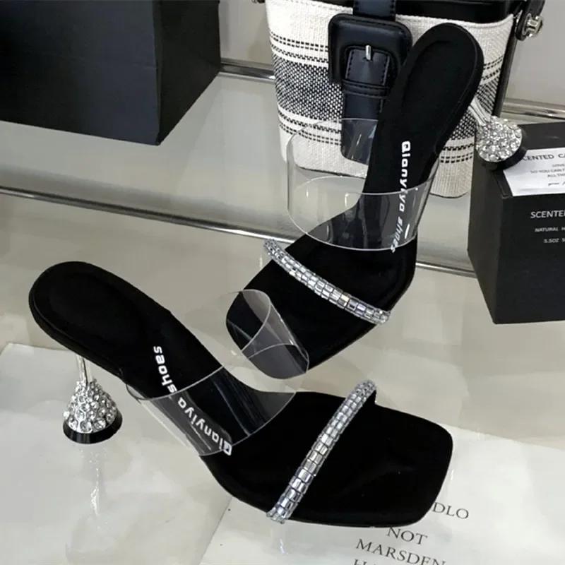 Fashion New Style Designer Shiny Rhinestone High Heels Women Sexy Open Toe Transparent PVC Slide Sandals Elegant Banquet Wedding Shoes