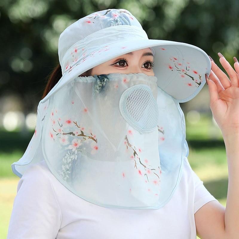 Polyester Chiffon Sun Hat With Face Mask And Neck Cover For Outdoor Gardening Sun Protection