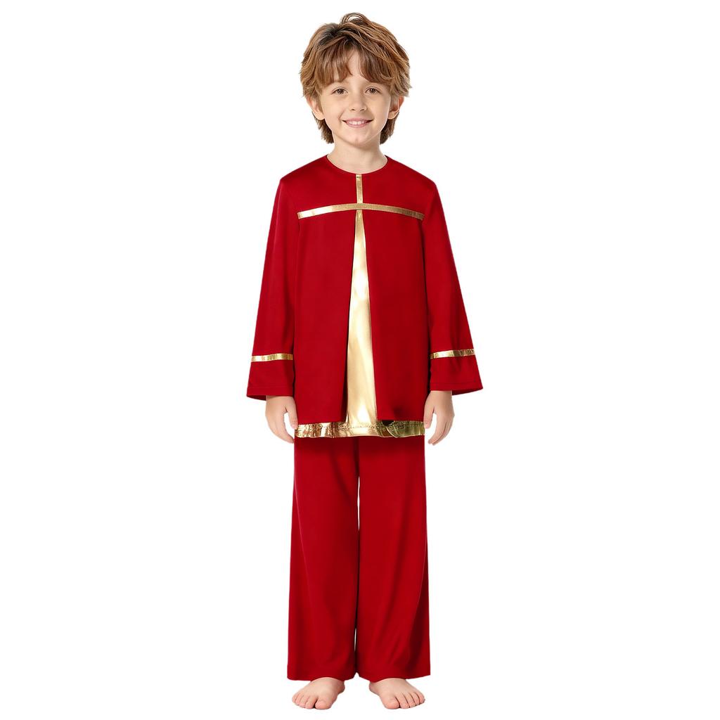 Kids Boys Church Performance Set: Long Sleeve Metallic Patchwork Top & Wide-Leg Pants with Elastic Waistband for Praise Dance