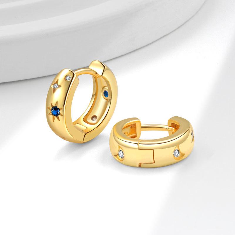 Minimalist Light Luxury Blue Zircon Star Moon Hoop Earrings Fashionable Women Jewelry