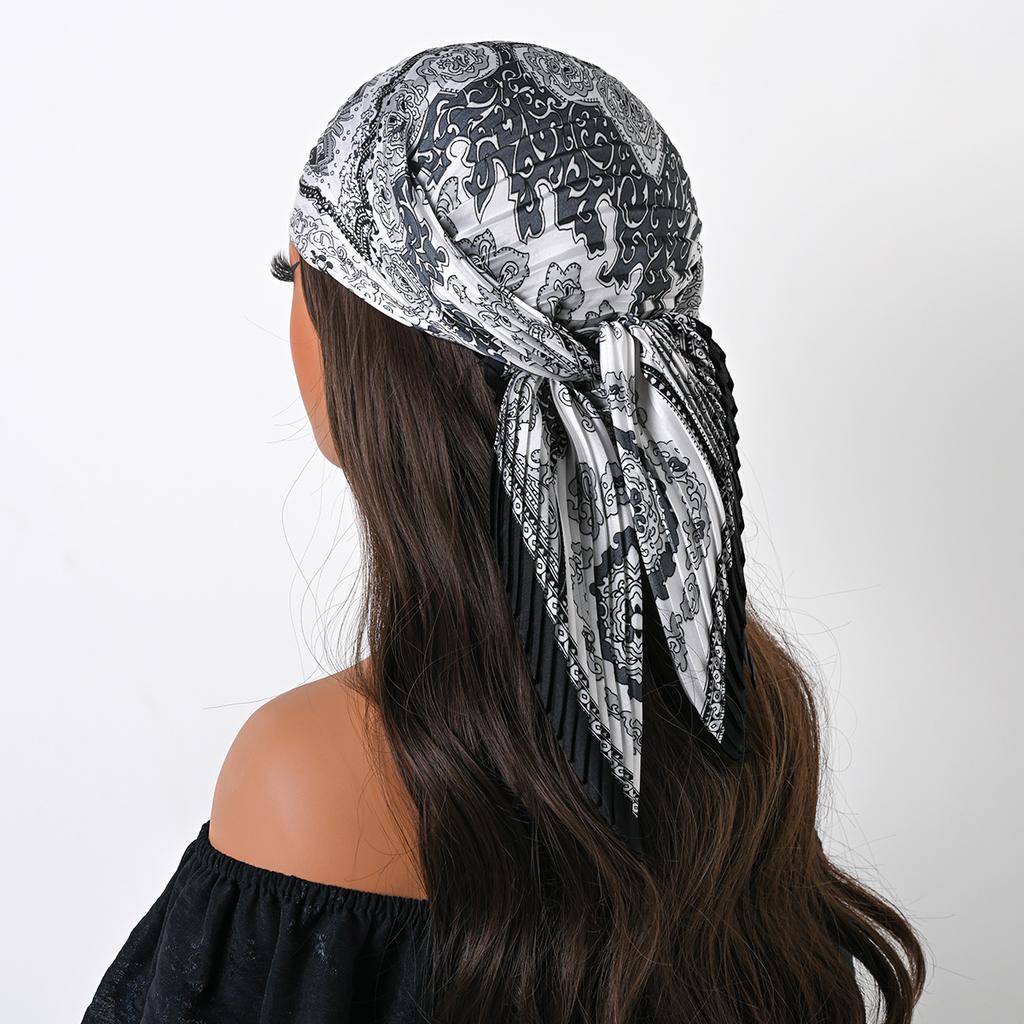 Bohemian Style Floral Print Women’s Square Pleated Silk Scarf Satin Head Wrap Tropical Leaf Flower Design Scarves Bandana Hijab