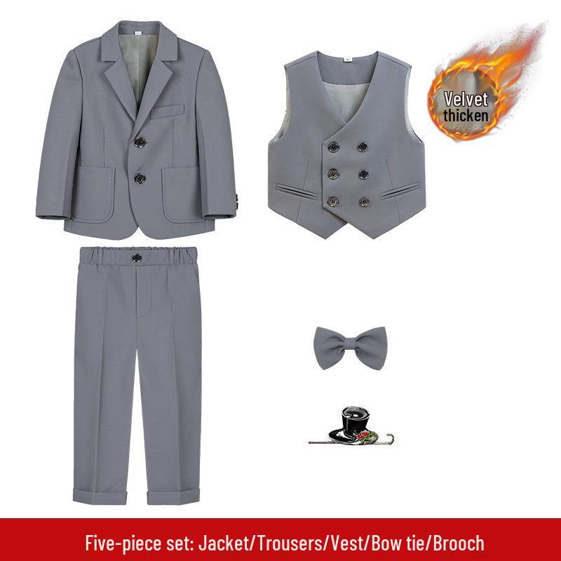 Boys' Solid Color Tuxedo Suit - Spring/Autumn British Style Blazer and Piano Performance Set
