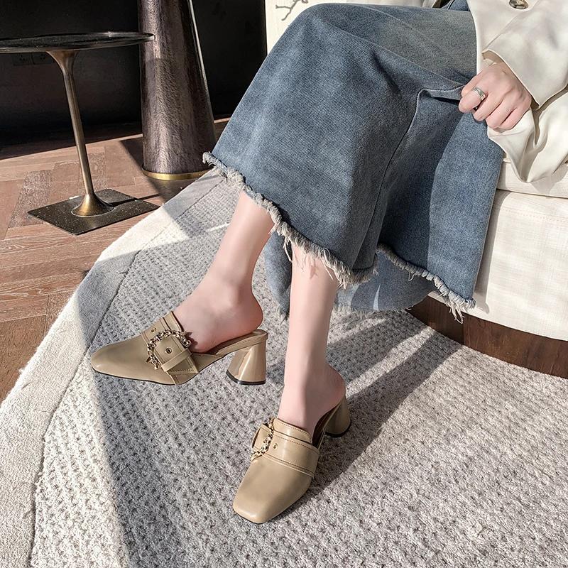 Fashion 2025Large Size Sandals Women's Head Thick Heels Spring and Summer New Wear Fashion Baotou Belt Buckle Muller Half Sandals