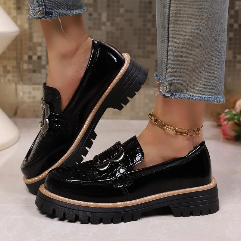 Plus Size Platform Loafers Shoes for Women  Fashion Metal Buckle Pu Leather Shoes Woman Spring Autumn Slip On Flats Female