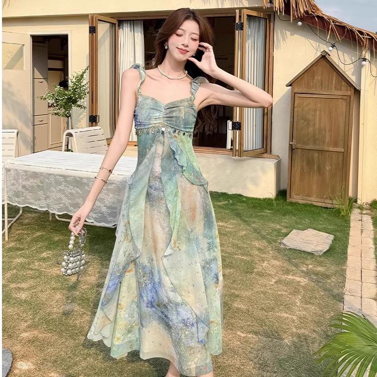 Women's Summer Tie-Dye Spaghetti Strap Dress with Ruffle Waist