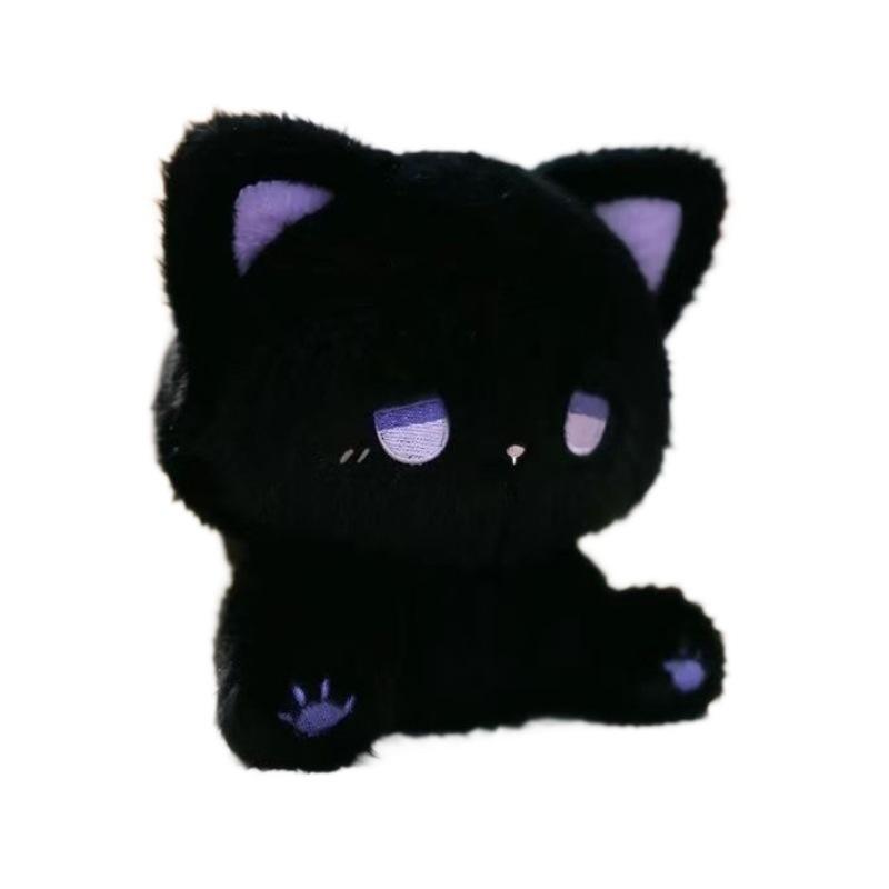 Cute Sleepy Emo Black Cat 16cm Plush Toy Soft Fluffy Cartoon Sitting Stuffed Animal High Appearance Kitten Doll Gift For Kids