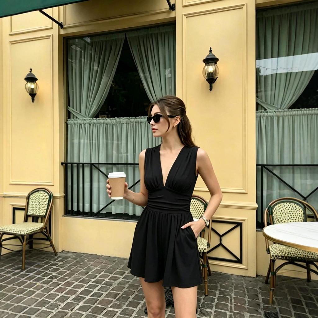 European & American Style Deep V-Neck Sleeveless Jumpsuit, Women's Summer Waist-Cinching Wide-Leg Shorts