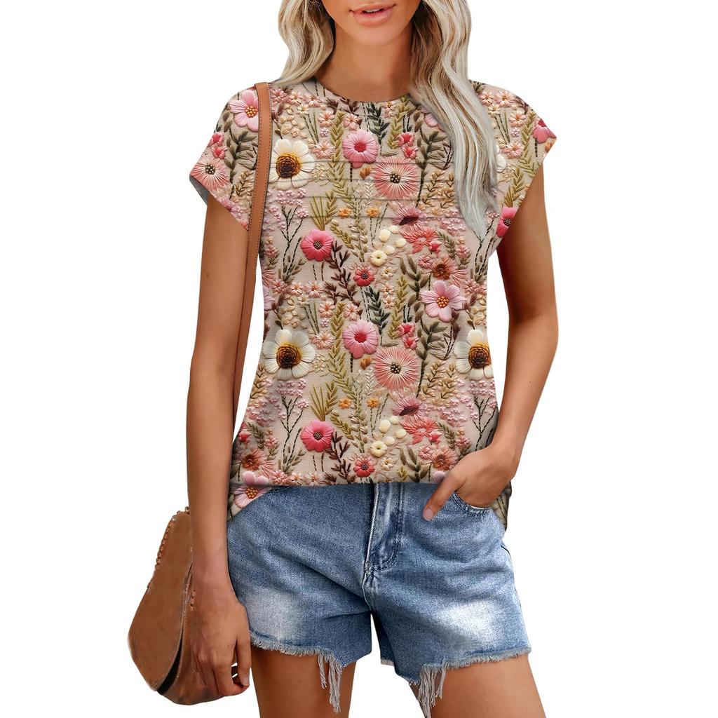 Damenmode Lässig Kurzarm Basic Textur Floral Rundhals T-Shirt Kappenärmel Top