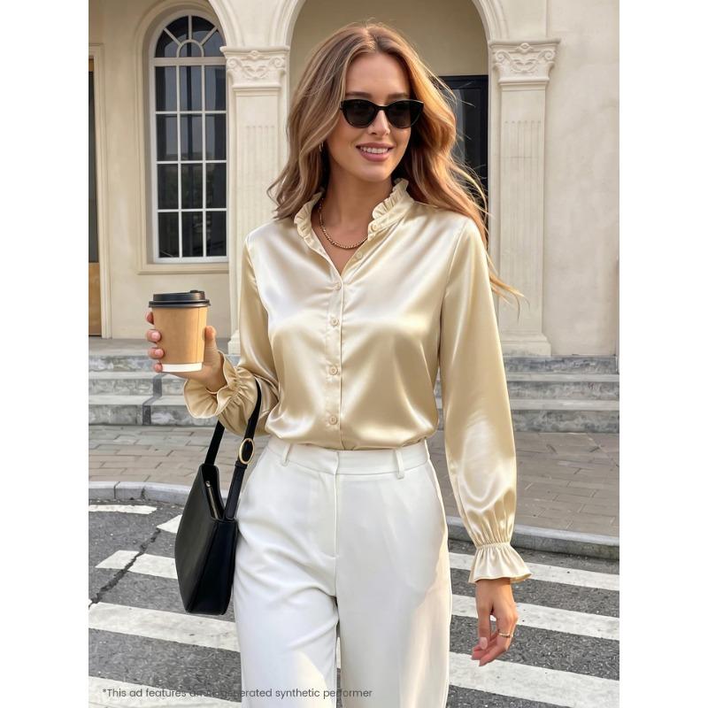 Women Business Casual Satin Ruffled Long Sleeve Polka Dot Blouse Shirt