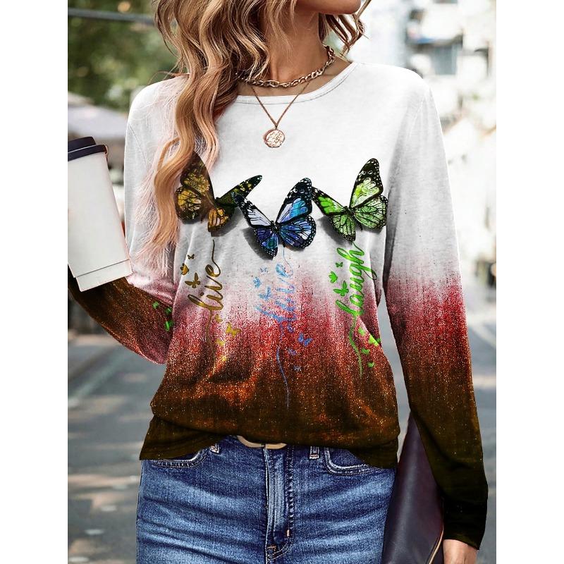 Modischer Damenpullover mit Blumen-/Schmetterlingsgrafik, lässige Streetwear, O-Ausschnitt, Basic, langärmeliges T-Shirt, mikroelastisches Sweatshirt