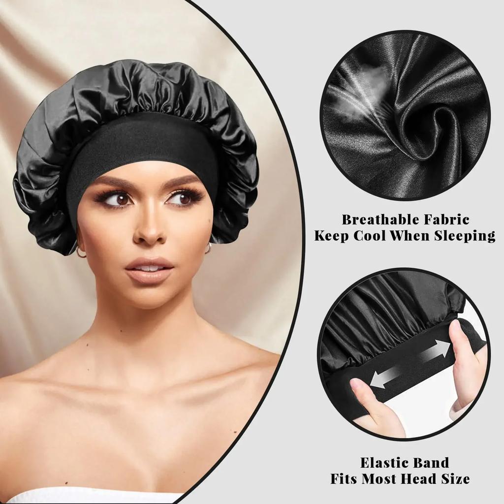 Breathable Silk Bonnet Satin Hair Bonnet Wide Band Sleep Cap Sleep Cap Stay on All Night Hair Wrap Cover Slouchy for Long Hair