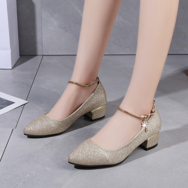 

Fashion Coarse heeled women s shoes new season Korean version pointed toe wedding work shoes with shallow mouth and single buckle strap 34 золотой