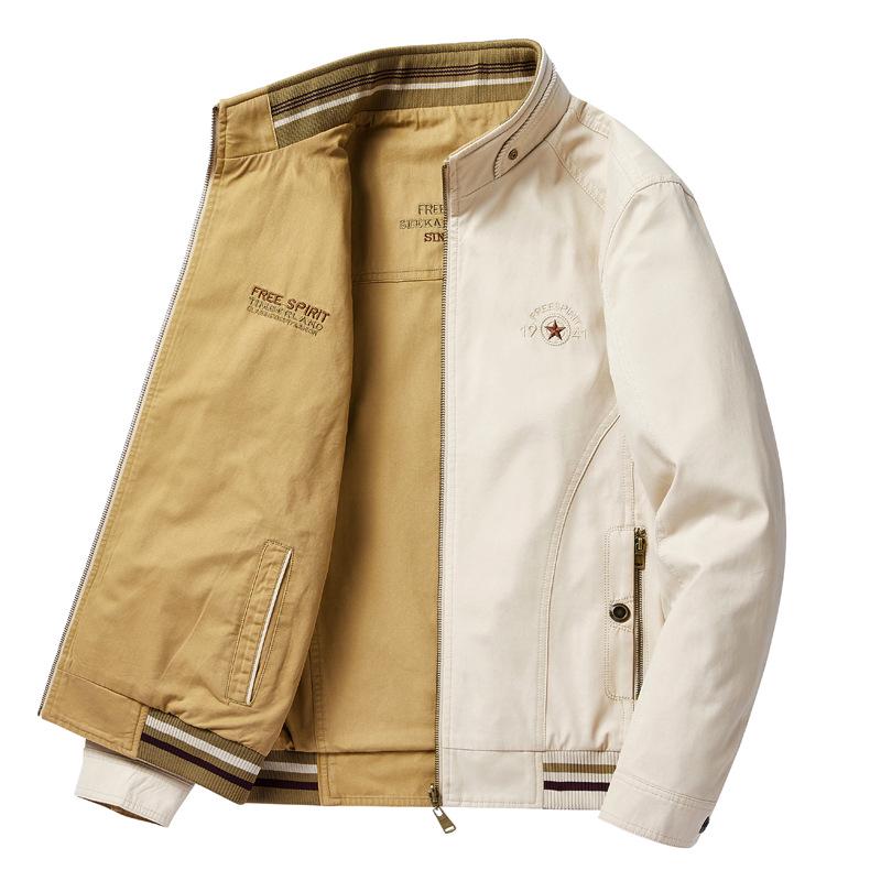 Men's Double-Sided Pure Cotton Jacket - Stand Collar, Loose Fit, Business Casual for Spring and Autumn.