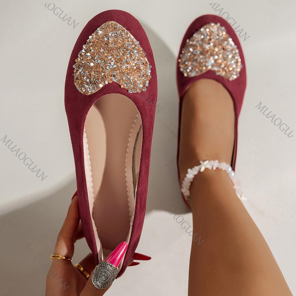 Fashion Love Rhinestone Shallow Mouth Women Flats 2025 Spring Autumn Casual Shallow Mouth Single Shoes Suede Soft Bottom Round Toe Flats