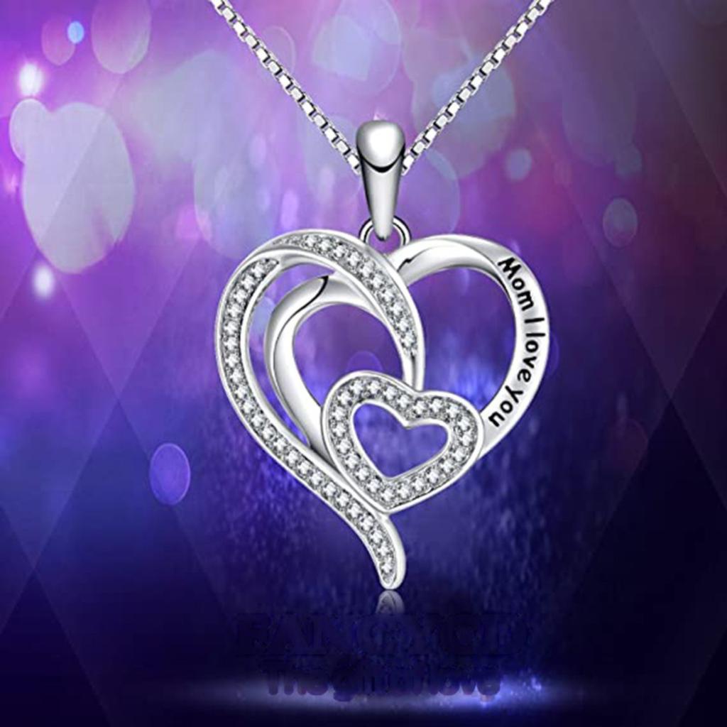 Mom I Love You Engraved Double Heart Pendant Necklace with Sparkling Stone Border Sentimental Mother Jewelry for Women