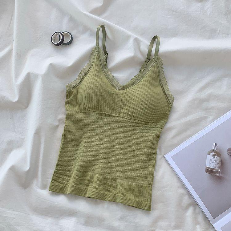 

Жилет-камисоль для женщин, носится летом снаружи и внутри, студенческая футболка без рукавов, кружевной облегающий топ с V-образным вырезом One size темно-зеленого