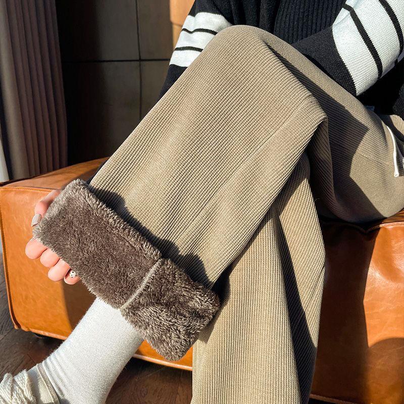 Calças femininas de inverno com elástico na cintura e forro de lã grossa, calças casuais de veludo cotelê com perna reta e quentes