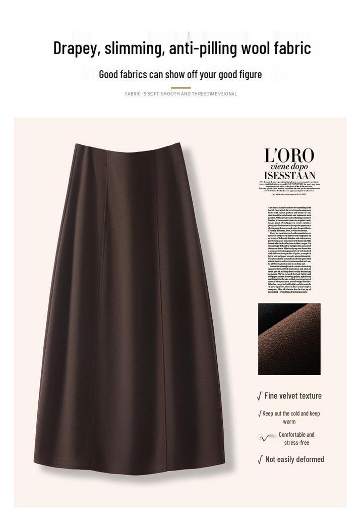 Black Woolen High-Waisted A-Line Half-Skirt for Women - Autumn/Winter 2025 Collection, Mid-Length, Thickened Drape Petal Design