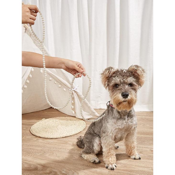 QWINEE Pearl Beaded Pet Leash Cat Dog Leash Elegant Puppy Leash Pet Leash with Lockable Hooks for Small Medium Dogs Cats Kitten White One Size