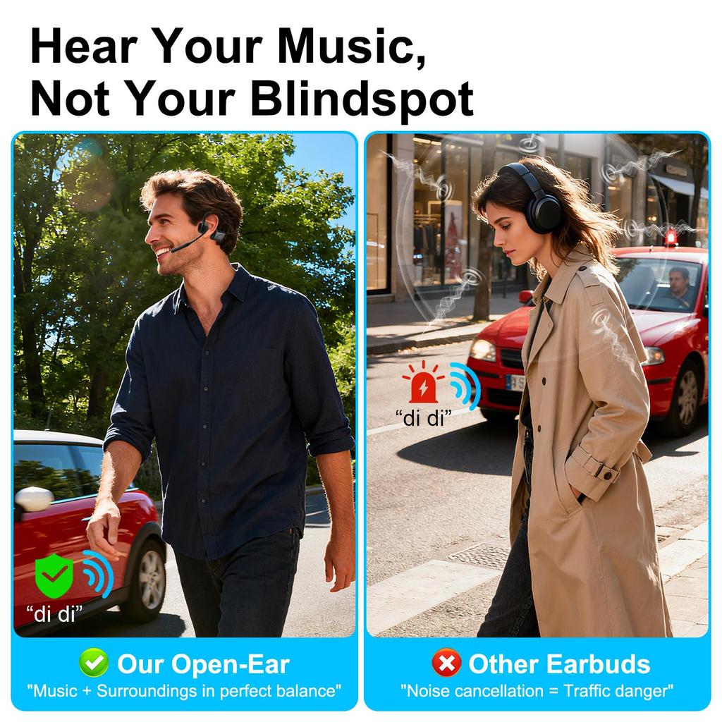 Bluetooth Headphones with Wireless Headset with Mute Supports Designed for Home and Driving Not Bone Conduction Open-Ear Mic, Noise-Canceling Button,