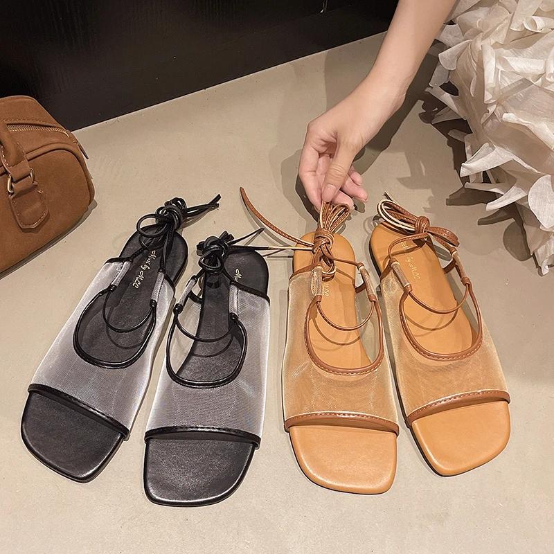 Fashion 2025 French Style Flat Roman Sandals Women's Summer New Breathable Mesh Slip-On Casual Beach Shoes Metal Decorated Roman Style