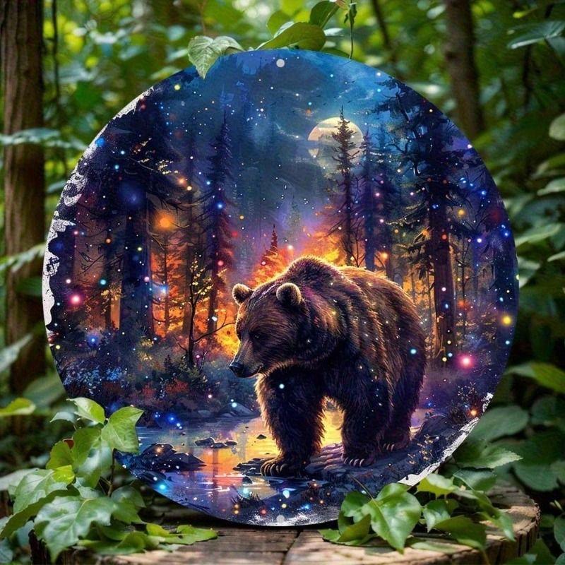 

Metal Wall Art Poster, Bear in Night Forest Glow, Living Room Decor