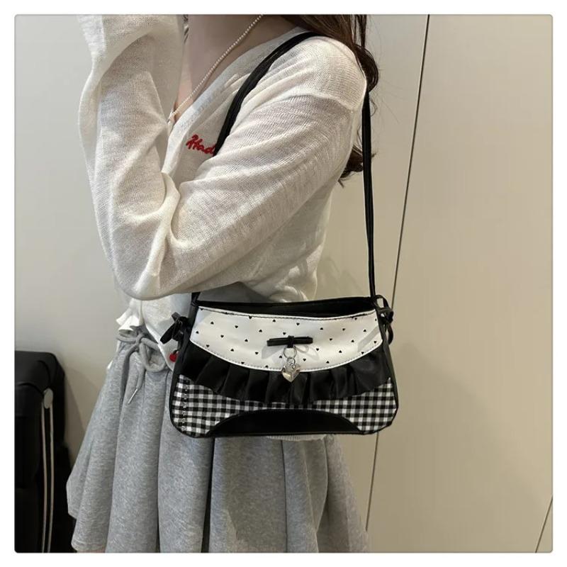 Cute Lace Bow Patchwork Women Shoulder Bags Sweet Plaid Polka Dot Girls Underarm Bag Lightweight Portable Ladies Phe Handbags