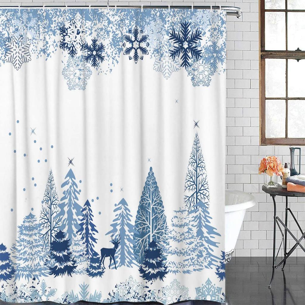 Christmas Shower Curtain Xmas Tree Shower Curtain Winter Snowflake Pattern Shower Curtain For Bathroom Decor Washable Durable