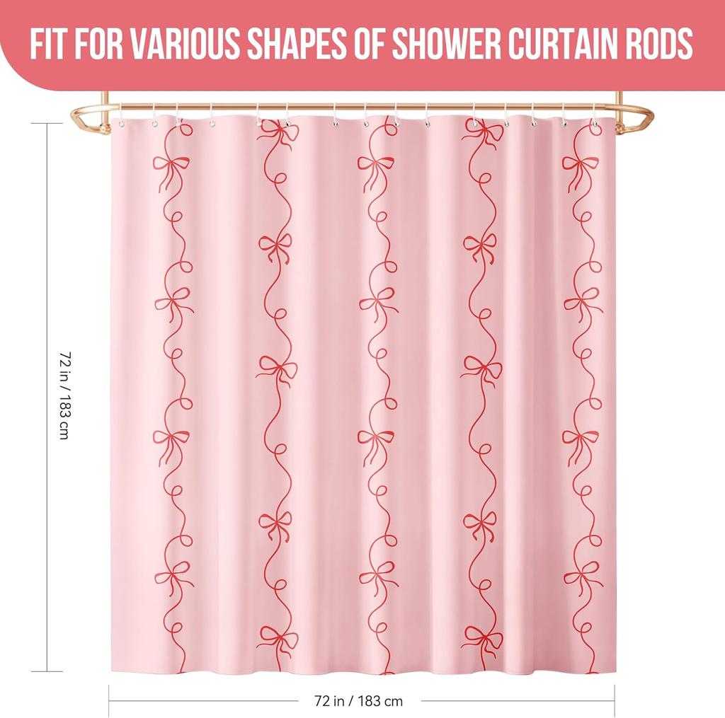 Pink Striped Bow Shower Curtain Cute Girls Shower Curtain with Washable, Waterproof Polyester Print