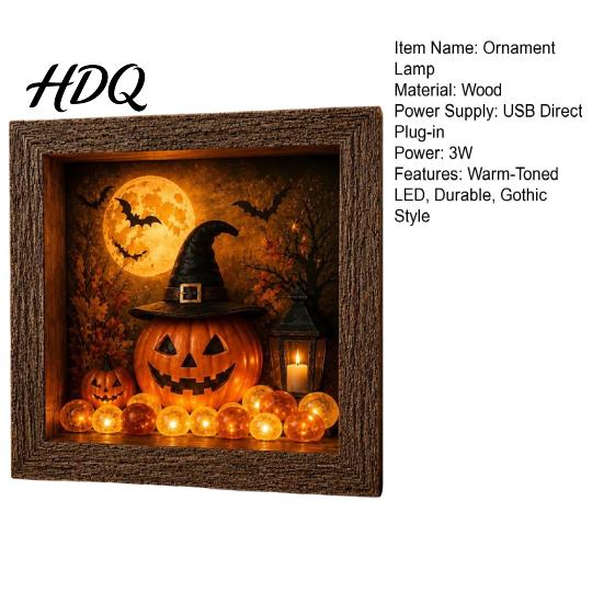 Gothic Shadow Box Night Light DIY Lighted Halloween Ghost Kit Wooden Frame LED Warm Light Crystal Glass Display Case Memory with Panel Decorative