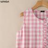 VONDA Summer Women Casual Round Neck Sleeveless Plaid Print Tank Tops