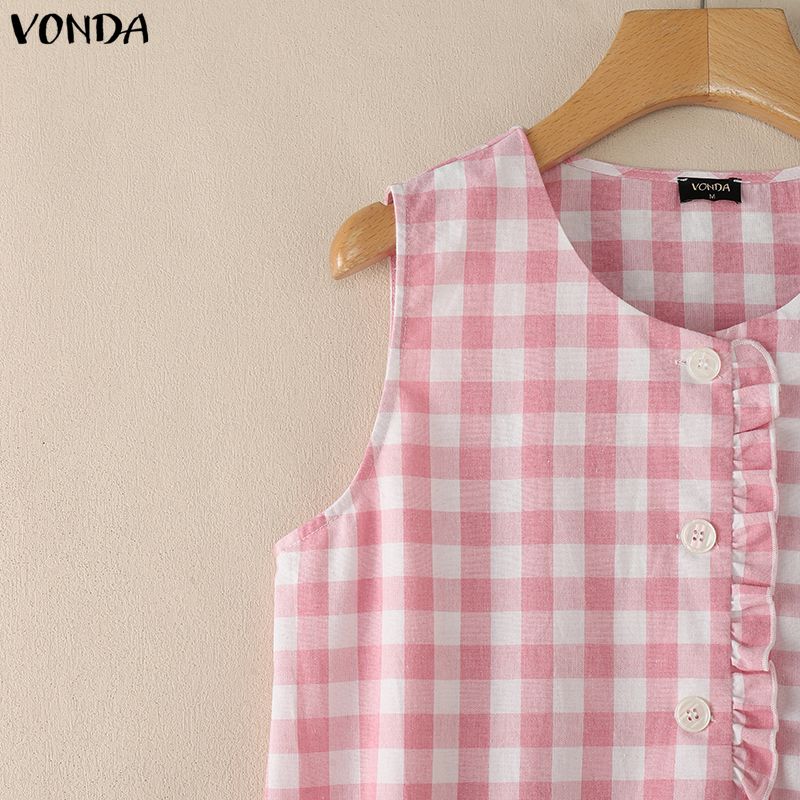 VONDA Summer Women Casual Round Neck Sleeveless Plaid Print Tank Tops