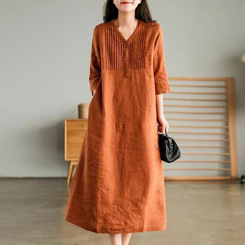 Women Summer Casual Dress Vintage V Neck Solid Color Loose Female Cotton Linen Long Dresses