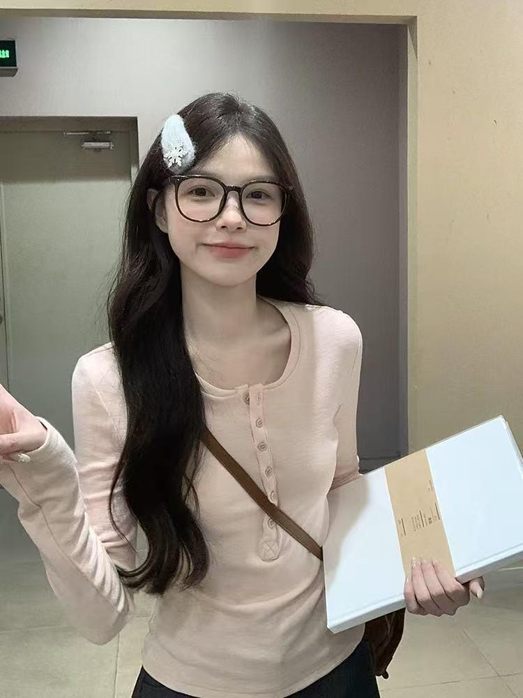 Women s Pink Thermal Henley Long Sleeve Top, Perfect for Autumn/Winter, Slim Fit M [95-105] розовый