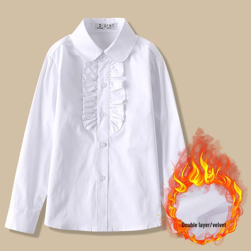 Girls' White Fleece-Lined Cotton Shirt: Long-Sleeved School Uniform for Elementary to Middle School.