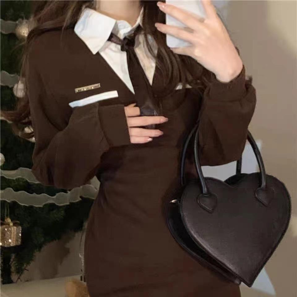 Autumn new high-waisted college style lapel neck hip-wrapped short skirt fake two-piece splicing shirt long-sleeved dress women