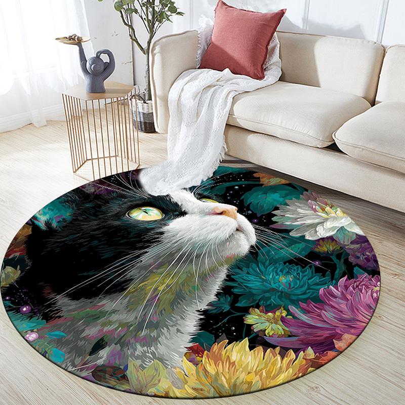 Flower Black and White Cat,Round Area Rug,Carpet Rug for Living Room Bedroom Sofa Playroom Decor,Non-slip Floor Mat