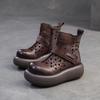 Johnature Retro Breathable Hollow-out Summer Boots Genuine Leather Short Boots Versatile Women's Flat Platform Shoes