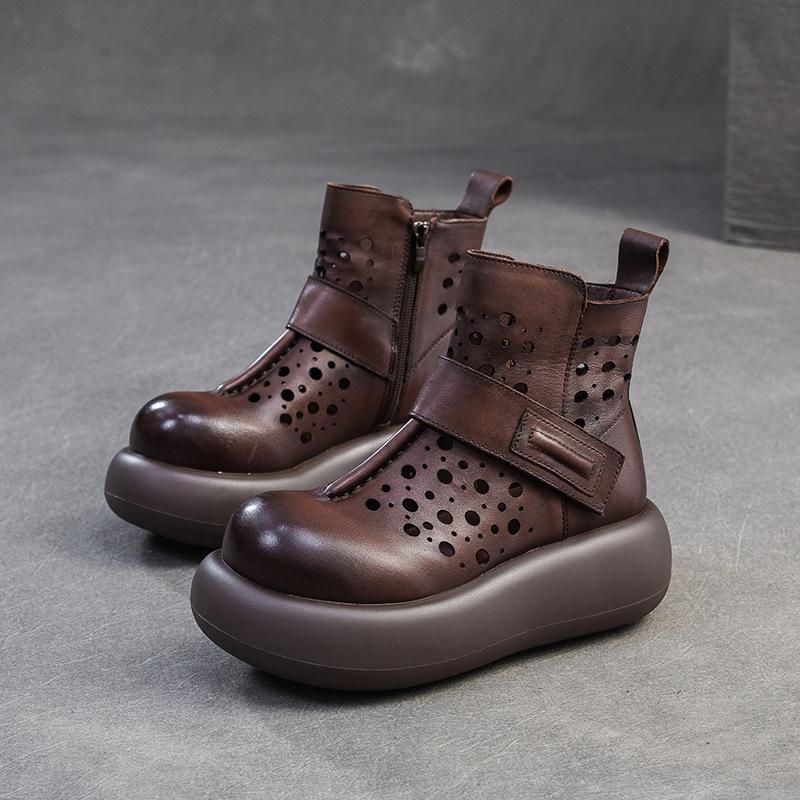 Johnature Retro Breathable Hollow-out Summer Boots Genuine Leather Short Boots Versatile Women's Flat Platform Shoes