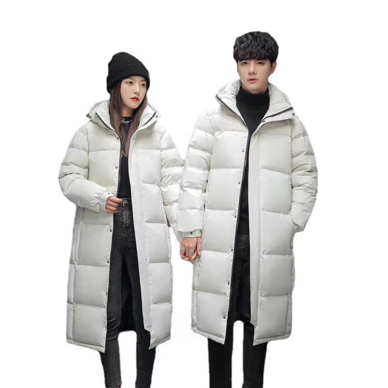 Autumn and Winter Men's Long Over The Knee Down Jacket, Thick Cotton Jacket, White Duck Down Down Jacket, Casual Cotton Jacket