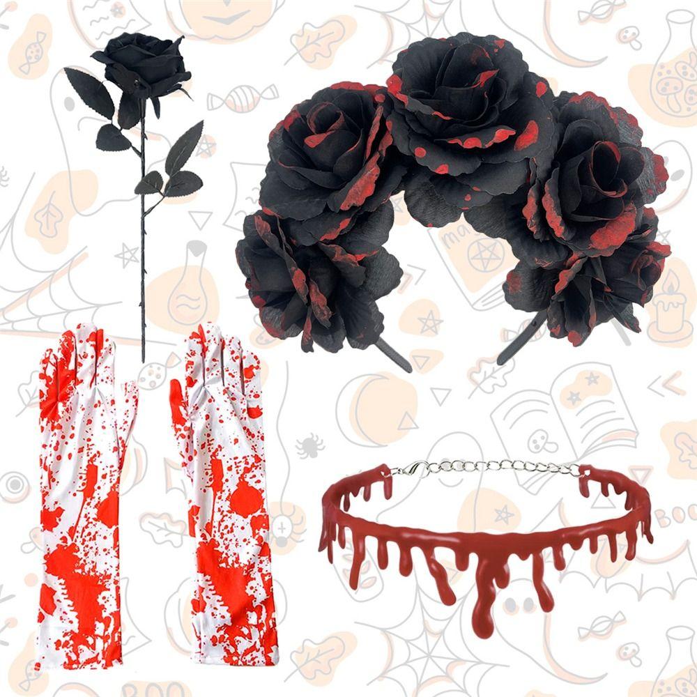 4-Piece Set Halloween Party Costume Rose Flower Headband Novelty Horror Necklace Gloves  for Women
