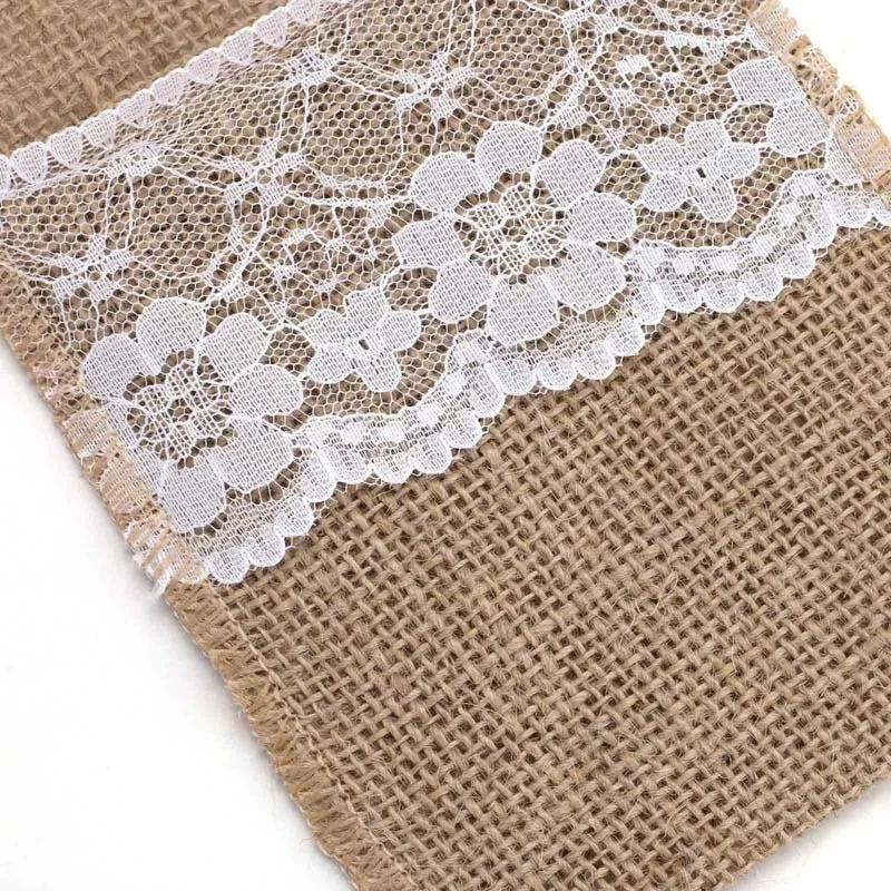 5 Pcs Burlap Lace Cutlery Pouch Wedding Tableware Party Decoration Holder Bag Hessian Rustic Jute 11cm X 21cm