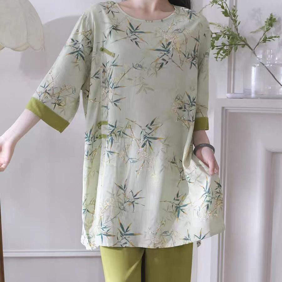 Women's Summer Lyocell Cotton Pajama Set: Chic National Wind Design, Wearable Outside, Luxurious Feel