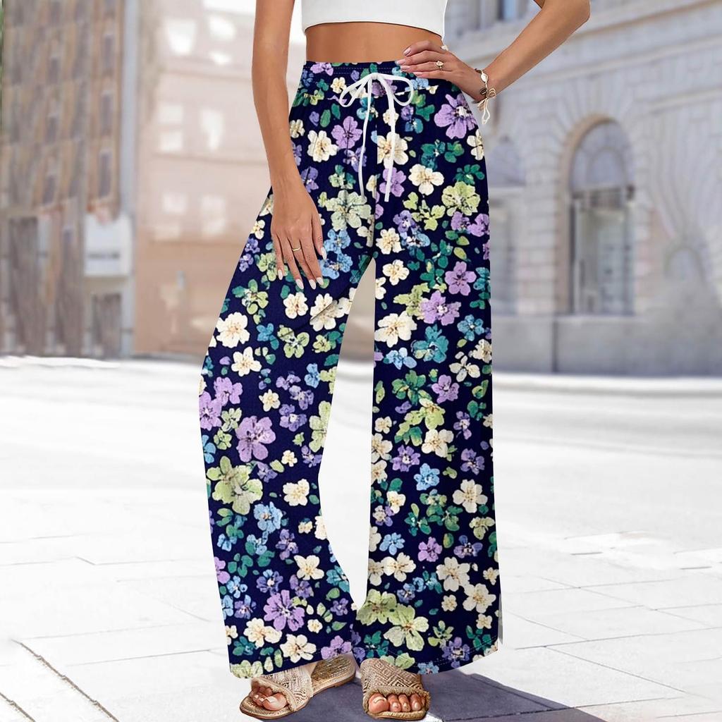 Women's Printed Wide Leg Pants With Pockets High Waist Drawstring Loose Casual Pants