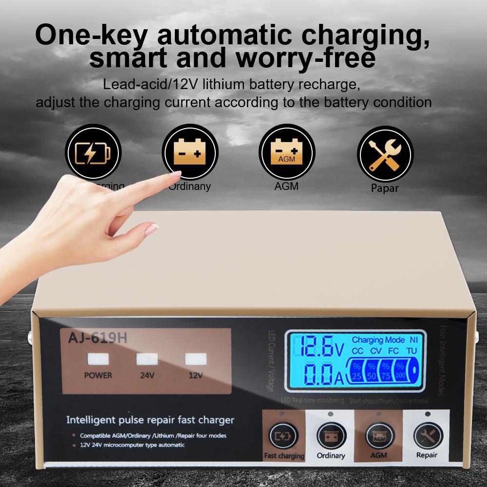 For Motorcycle SUV Truck Smart Car Battery Charger High Power 12V 24V 260W LED Display Intelligent Pulse Repair Battery Charging