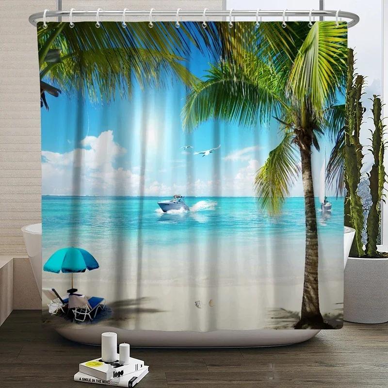 Summer Seaside Shower Curtains Ocean Beach View Coconut Trees Bath Curtain Polyester Fabric Bathroom Restroom Decor With Hooks
