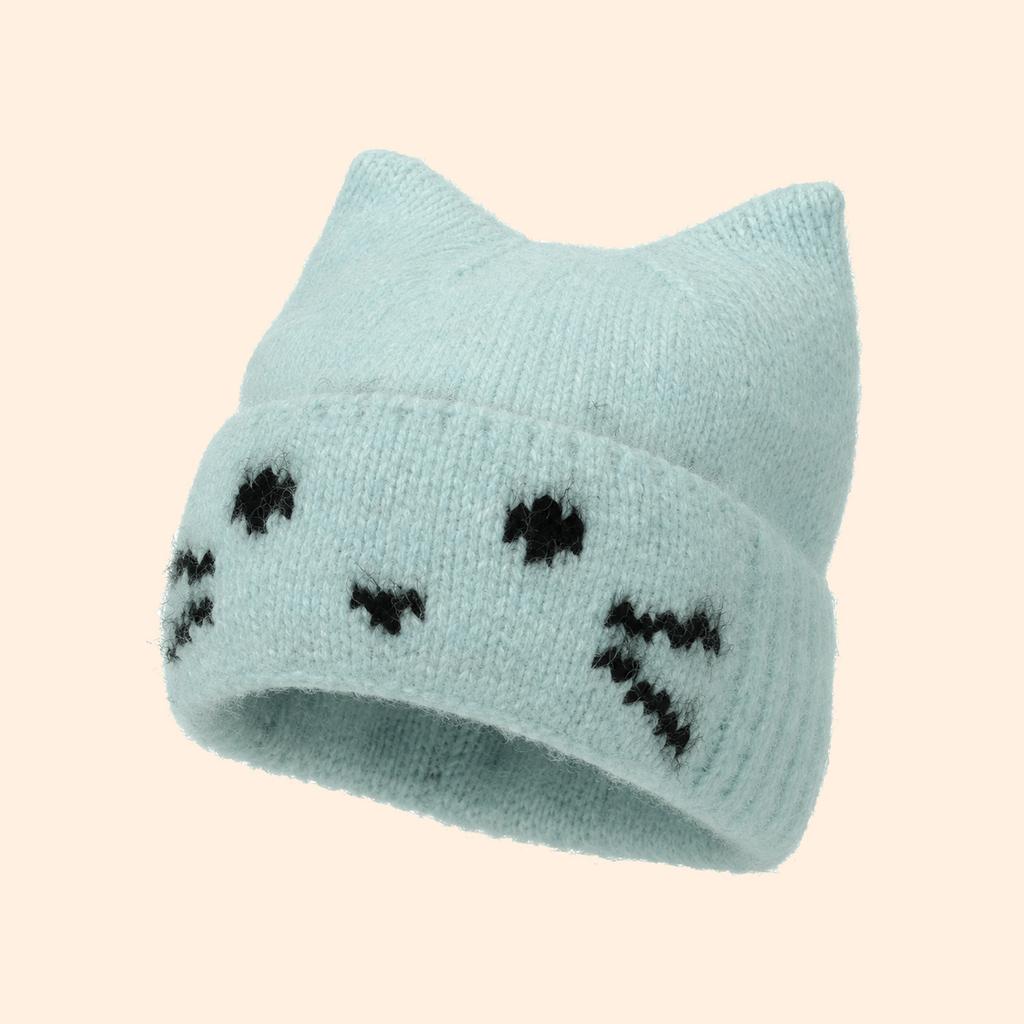 Cute Kitten Ears Pullover Hat Female Jacquard Cat Expression Flanged Wool Hat Big Head Circumference Warm Knitted Hat Female