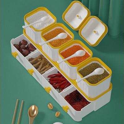 Sada 8 přihrádek na kořenky se zásuvkou na lžičku, nádoba na dochucovadla, dvouvrstvá, velkokapacitní, krabička na koření, pro restauraci